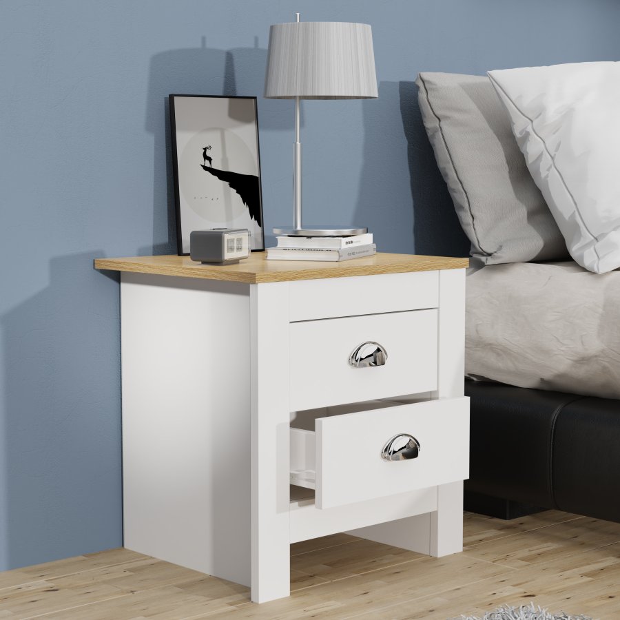 VCM NORDIC Balusa sengebord, m. 2 skuffer - hvid/natur tr (45x40)