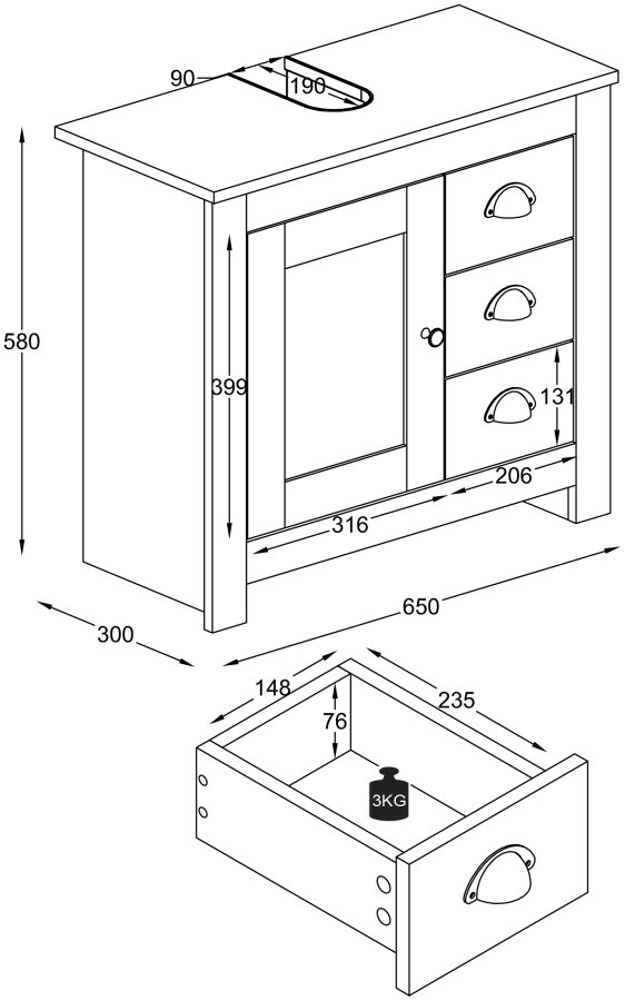 VCM NORDIC Balusa L badevrelsesunderskab til hndvask, m. 1 lge, 3 skuffer - hvid/natur tr