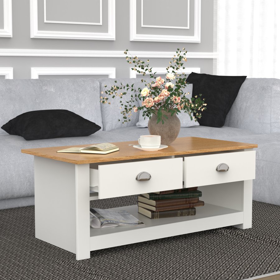 VCM NORDIC Balusa sofabord, m. 1 bent rum og 2 skuffer - natur/hvid tr (104x50)