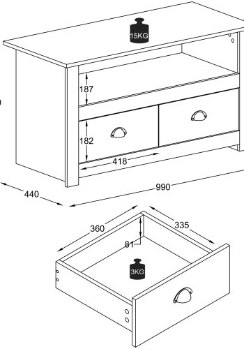 VCM NORDIC Balusa TV-bord, m. 1 bent rum og 2 skuffer - hvid og natur tr (99x44)