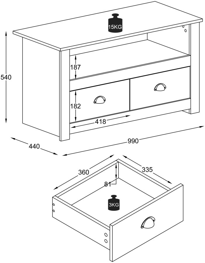 VCM NORDIC Balusa TV-bord, m. 1 bent rum og 2 skuffer - hvid og natur tr (99x44)