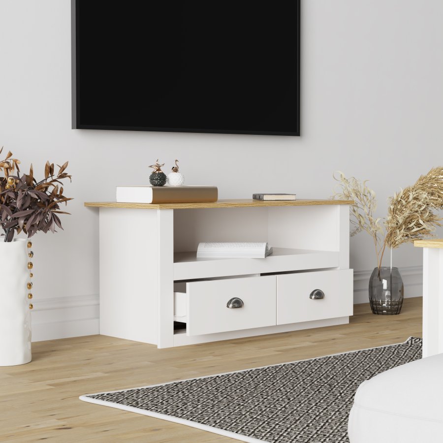 VCM NORDIC Balusa TV-bord, m. 1 bent rum og 2 skuffer - hvid og natur tr (99x44)