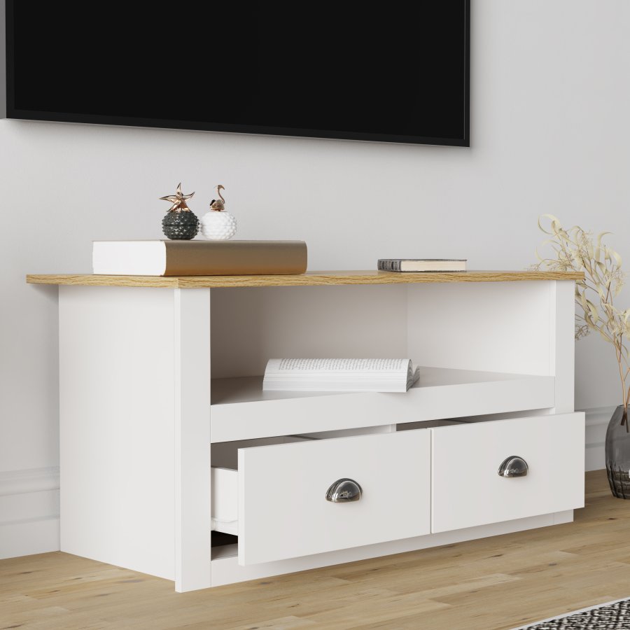 VCM NORDIC Balusa TV-bord, m. 1 bent rum og 2 skuffer - hvid og natur tr (99x44)