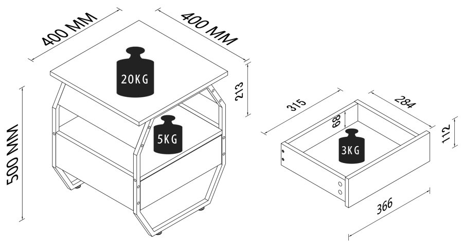 VCM NORDIC Aulari S sidebord, m. 1 bent rum og 1 skuffe - natur tr og sort stl (40x40)