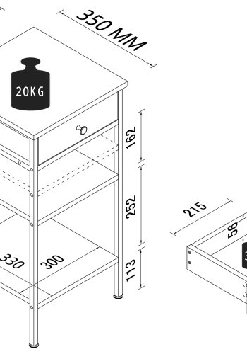 VCM NORDIC Aulari L sidebord, m. 2 hylder og 1 skuffe - natur tr og sort stl (35x35)