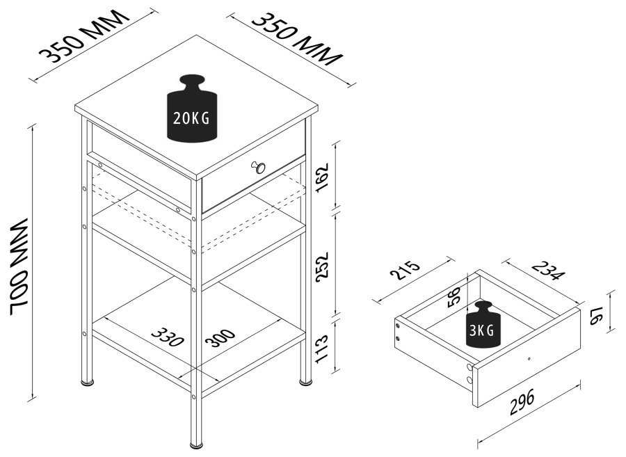 VCM NORDIC Aulari L sidebord, m. 2 hylder og 1 skuffe - natur tr og sort stl (35x35)