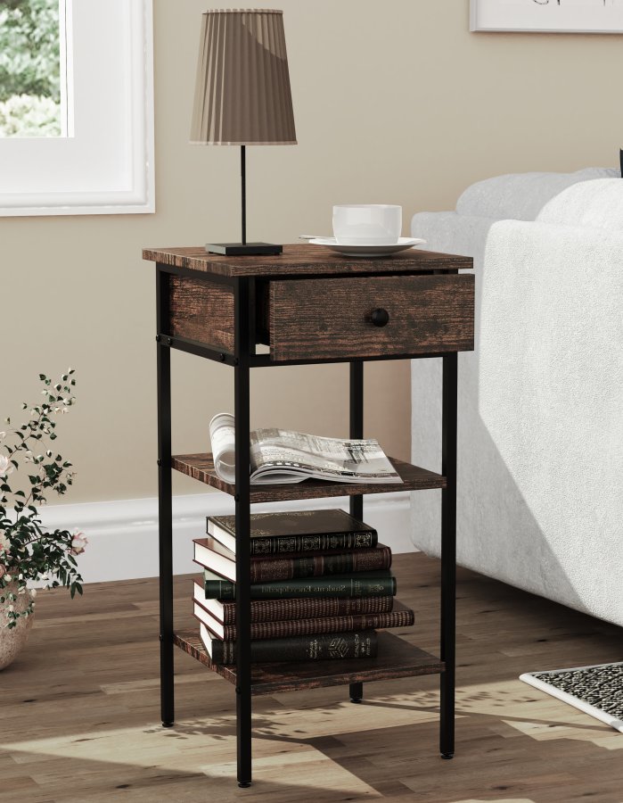 VCM NORDIC Aulari L sidebord, m. 2 hylder og 1 skuffe - natur tr og sort stl (35x35)