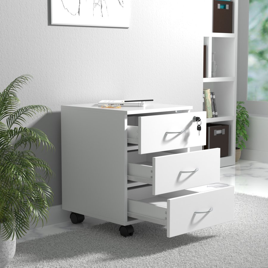 VCM NORDIC Baula L arkivskab, lsbar, m. 3 skuffer og hjul - hvid tr