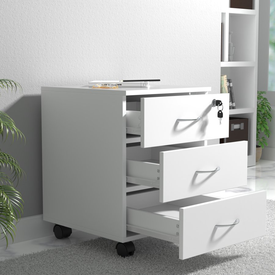 VCM NORDIC Baula L arkivskab, lsbar, m. 3 skuffer og hjul - hvid tr