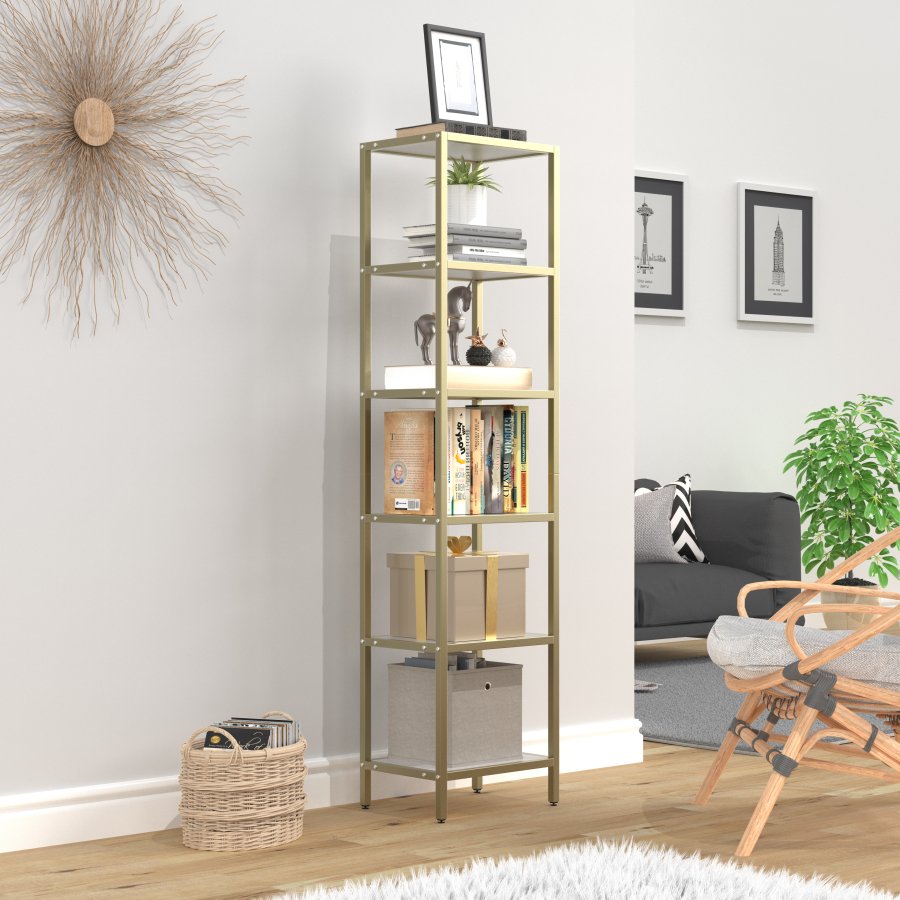 VCM NORDIC Vinali M reol, m. 4 hylder - hvid melamin og guld jern