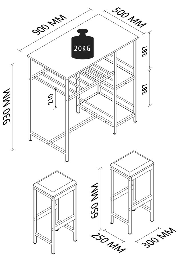 VCM NORDIC Kolari barbord og 2 barstole - natur tr og sort jern (st med 3)