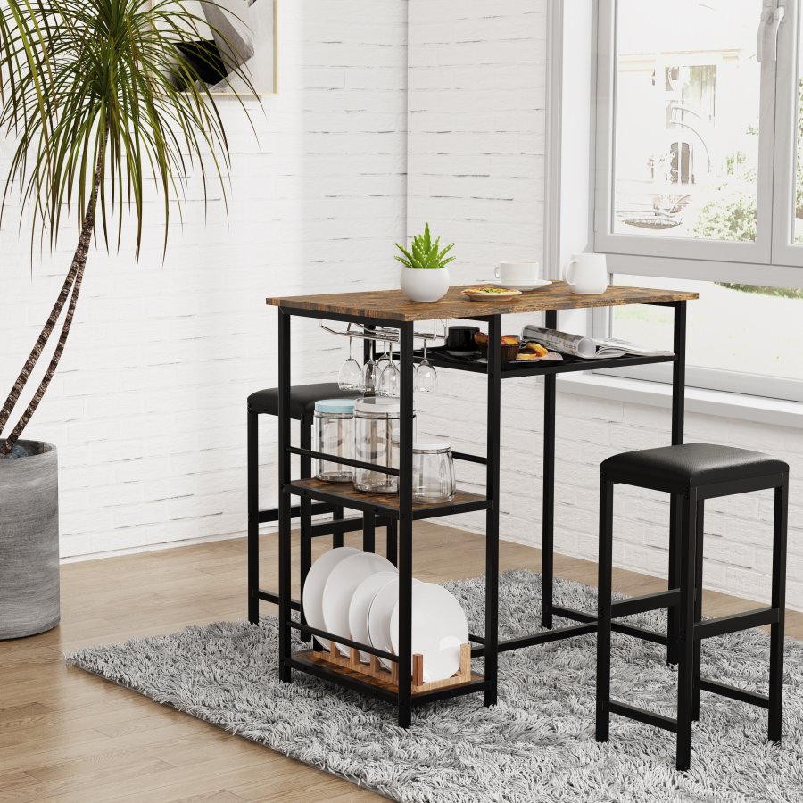 VCM NORDIC Kolari barbord og 2 barstole - natur tr og sort jern (st med 3)