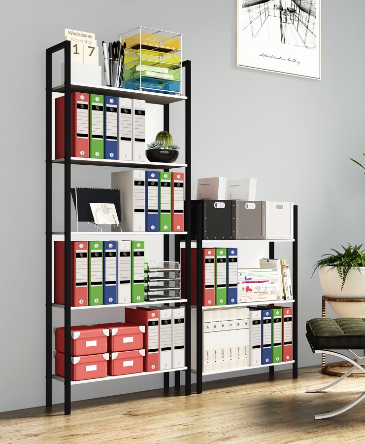 VCM NORDIC Flakos kontorreol, m. 3 hylder - hvid tr og metal