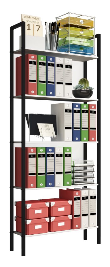 VCM NORDIC Flakos kontorreol, m. 5 hylder - hvid tr og metal