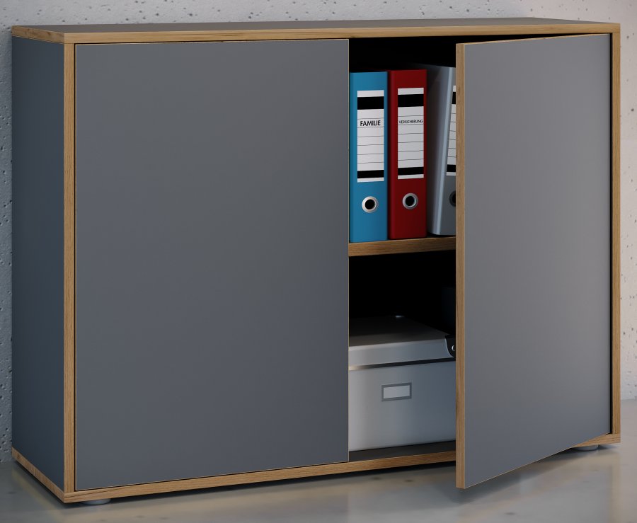 VCM NORDIC Salia B100 kontorreol, m. 2 lger og 1 justerbar hylde - antracitgr og natur tr