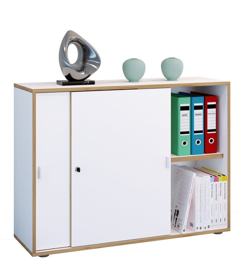 VCM NORDIC Salia B100 kontorreol, m. 2 skydelger, ls og 1 justerbar hylde - hvid og natur tr