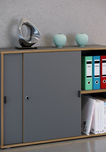 VCM NORDIC Salia B100 kontorreol, m. 2 skydelger, ls, 1 justerbar hylde - antracitgr og natur tr