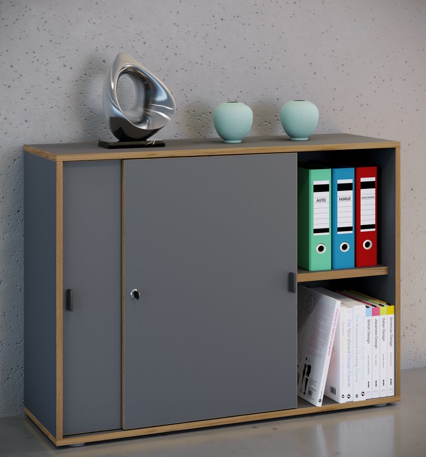 VCM NORDIC Salia B100 kontorreol, m. 2 skydelger, ls, 1 justerbar hylde - antracitgr og natur tr