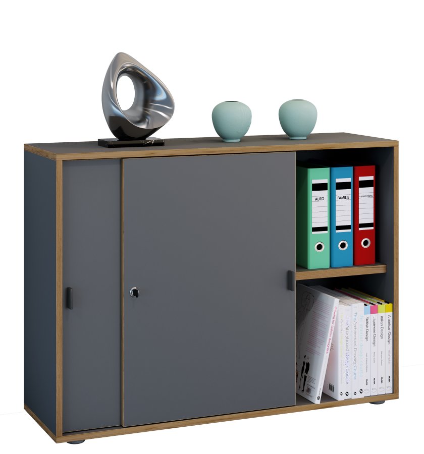 VCM NORDIC Salia B100 kontorreol, m. 2 skydelger, ls, 1 justerbar hylde - antracitgr og natur tr