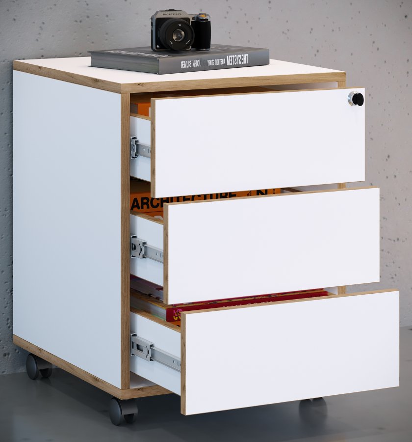 VCM NORDIC Salia T 45 arkivskab, lsbar, m. 3 skuffer og hjul - hvid og natur tr