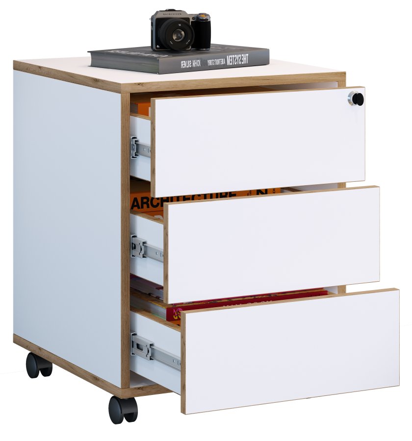 VCM NORDIC Salia T 45 arkivskab, lsbar, m. 3 skuffer og hjul - hvid og natur tr