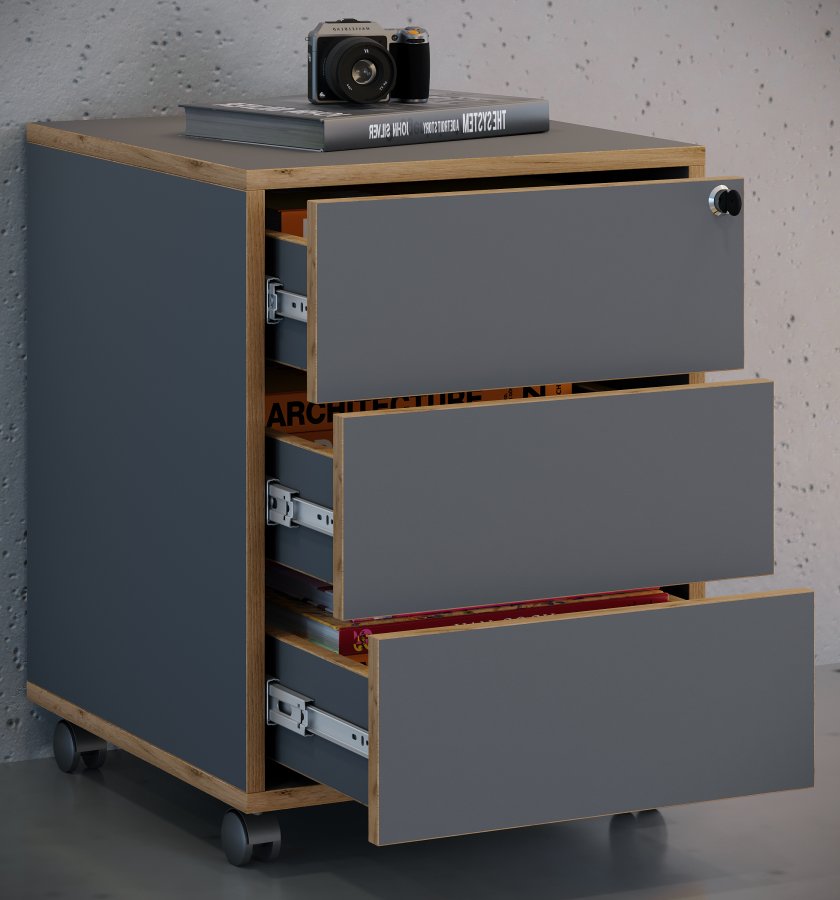 VCM NORDIC Salia T 45 arkivskab, lsbar, m. 3 skuffer og hjul - antracitgr og natur tr