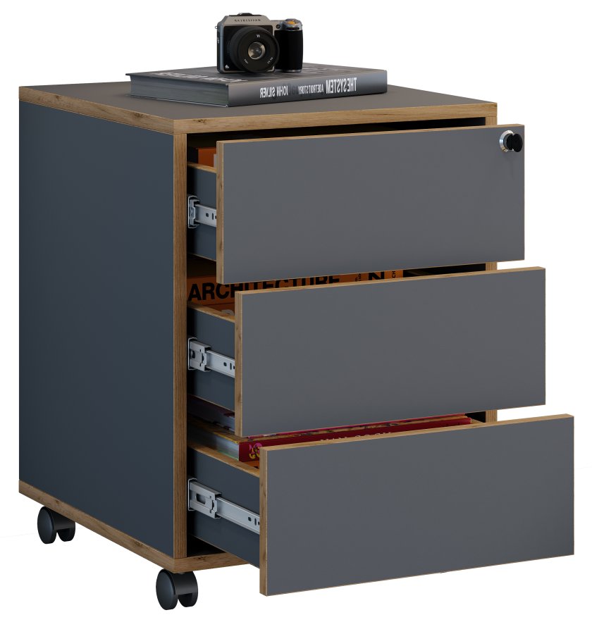 VCM NORDIC Salia T 45 arkivskab, lsbar, m. 3 skuffer og hjul - antracitgr og natur tr