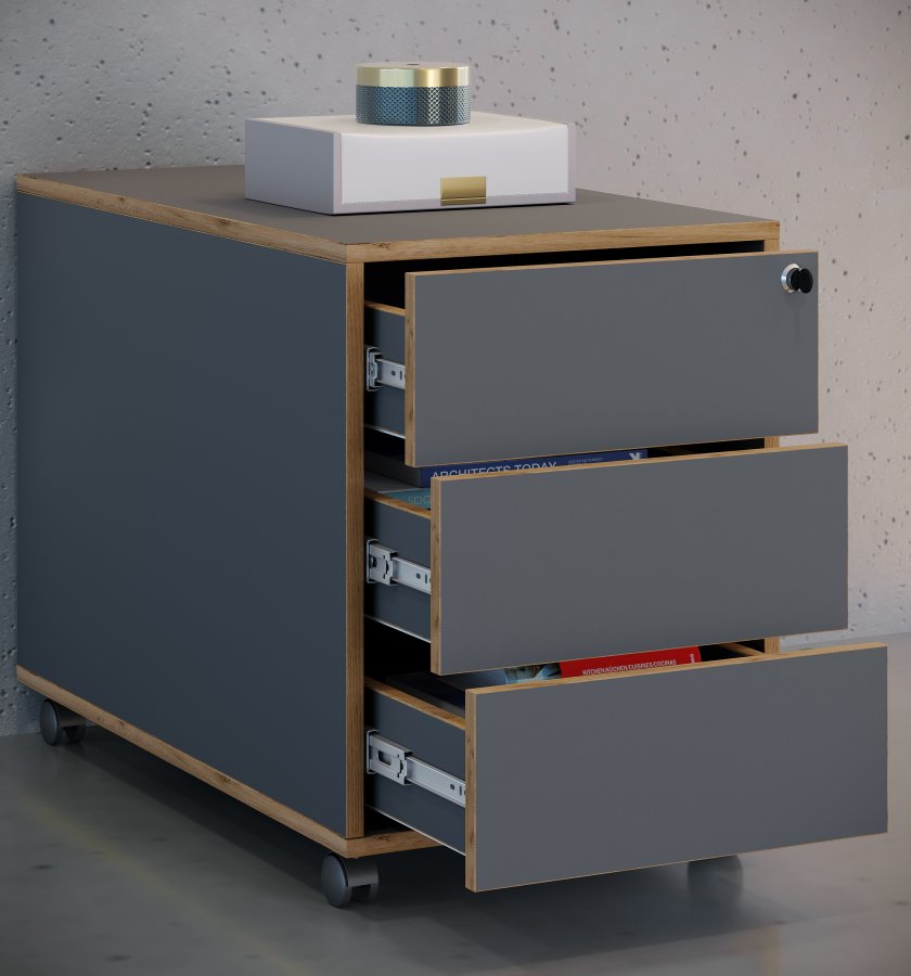 VCM NORDIC Salia T 70 arkivskab, lsbar, m. 3 skuffer og hjul - antracitgr og natur tr