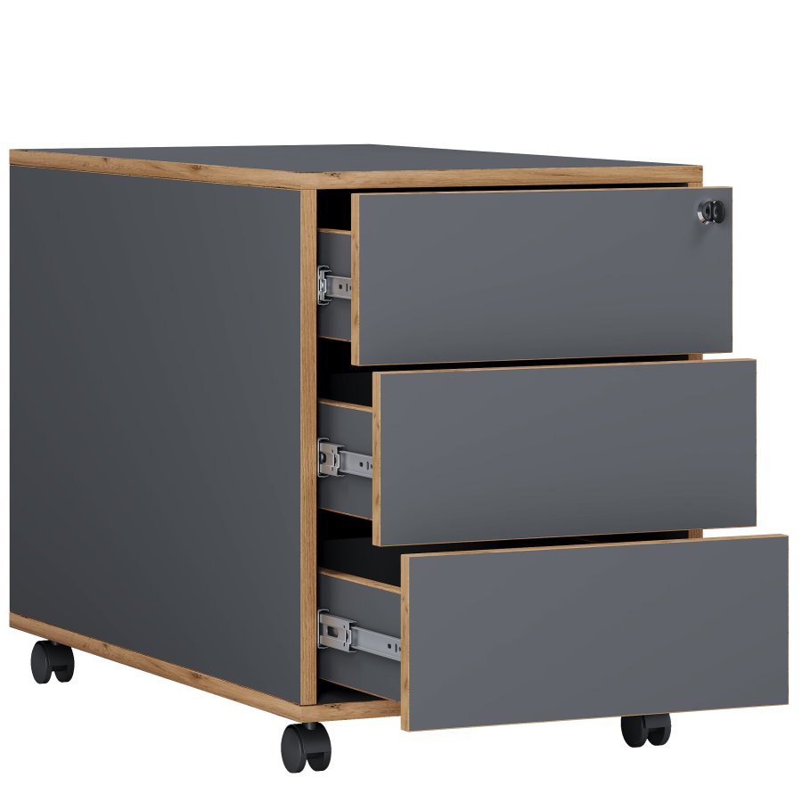 VCM NORDIC Salia T 70 arkivskab, lsbar, m. 3 skuffer og hjul - antracitgr og natur tr