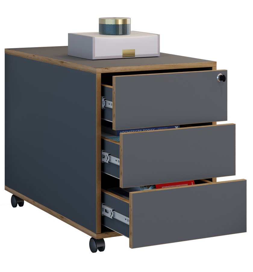 VCM NORDIC Salia T 70 arkivskab, lsbar, m. 3 skuffer og hjul - antracitgr og natur tr