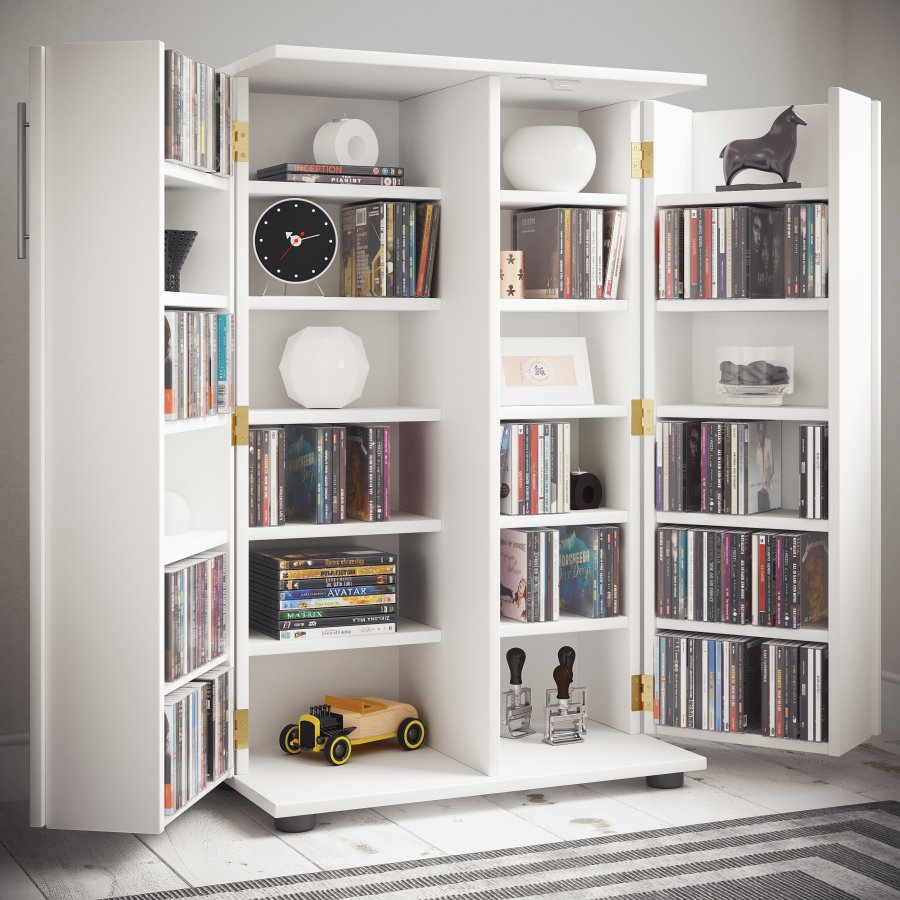 VCM NORDIC Engalo XL reol til cd'ere og dvd'er, m. ls, 2 lger og 20 hylder - hvid tr