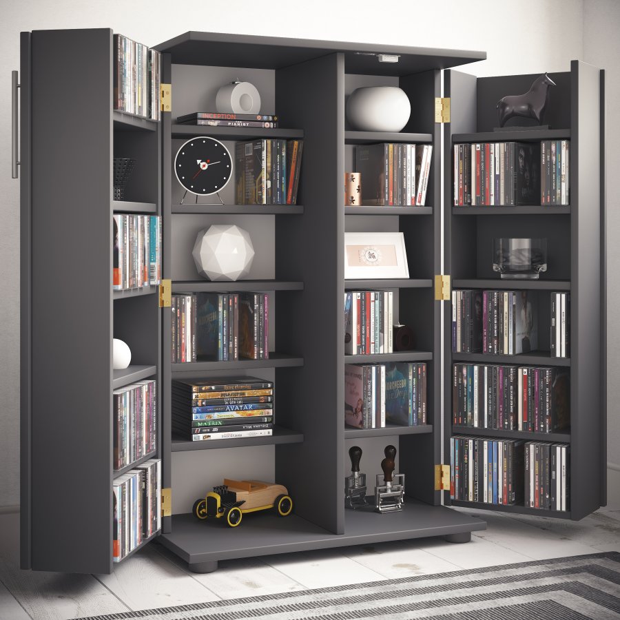 VCM NORDIC Engalo XL reol til cd'ere og dvd'er, m. ls, 2 lger og 20 hylder - antracitgr tr