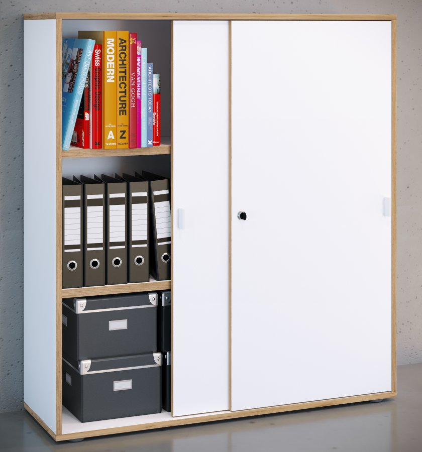 VCM NORDIC Salia B100 kontorreol, m. 2 skydelger, ls og 2 justerbare hylder - hvid og natur tr