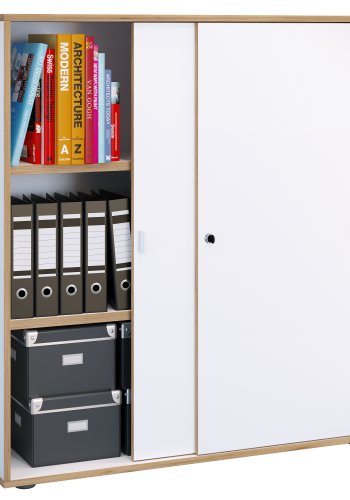 VCM NORDIC Salia B100 kontorreol, m. 2 skydelger, ls og 2 justerbare hylder - hvid og natur tr