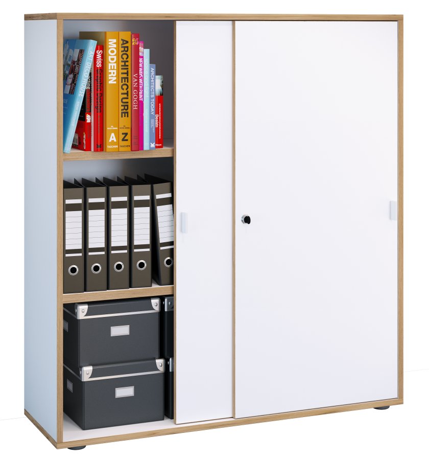 VCM NORDIC Salia B100 kontorreol, m. 2 skydelger, ls og 2 justerbare hylder - hvid og natur tr