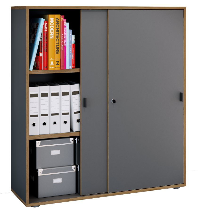 VCM NORDIC Salia B100 kontorreol, m. 2 skydelger, ls, 2 justerbare hylder - antracitg/natur tr