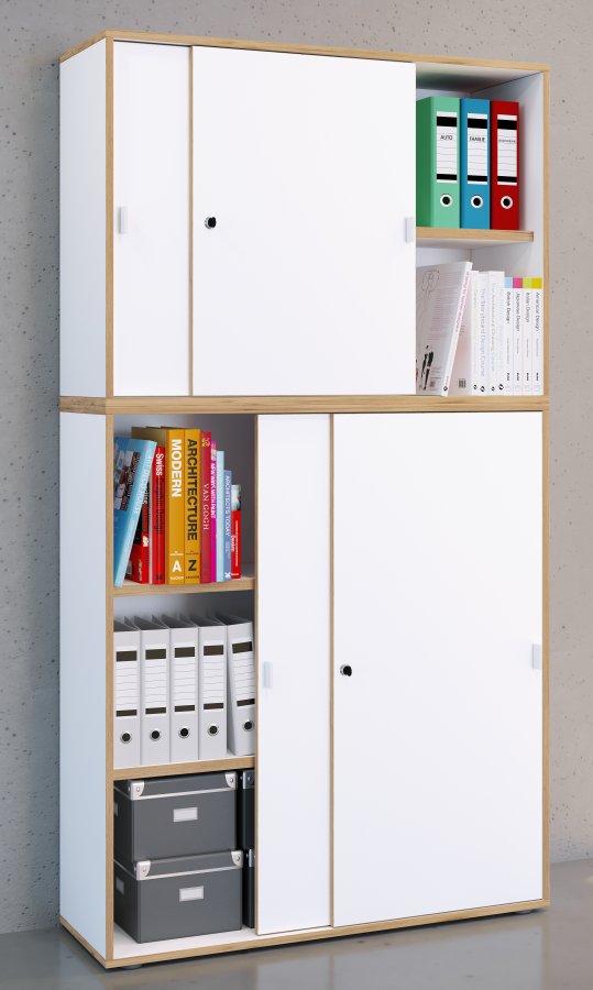 VCM NORDIC Salia B100 kontorreol, m. 4 skydelger, ls og 3 justerbare hylder - hvid og natur tr