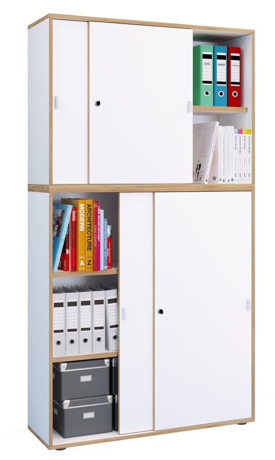 VCM NORDIC Salia B100 kontorreol, m. 4 skydelger, ls og 3 justerbare hylder - hvid og natur tr