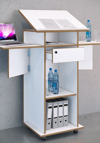 VCM NORDIC Salia M stende skrivebord, justerbar top, 1 lsbar skuffe, hylde, hjul - hvid/natur tr