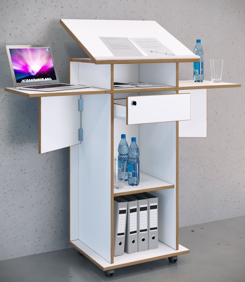 VCM NORDIC Salia M stende skrivebord, justerbar top, 1 lsbar skuffe, hylde, hjul - hvid/natur tr