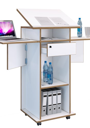 VCM NORDIC Salia M stende skrivebord, justerbar top, 1 lsbar skuffe, hylde, hjul - hvid/natur tr