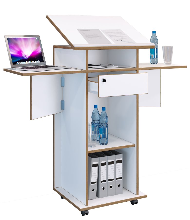 VCM NORDIC Salia M stende skrivebord, justerbar top, 1 lsbar skuffe, hylde, hjul - hvid/natur tr