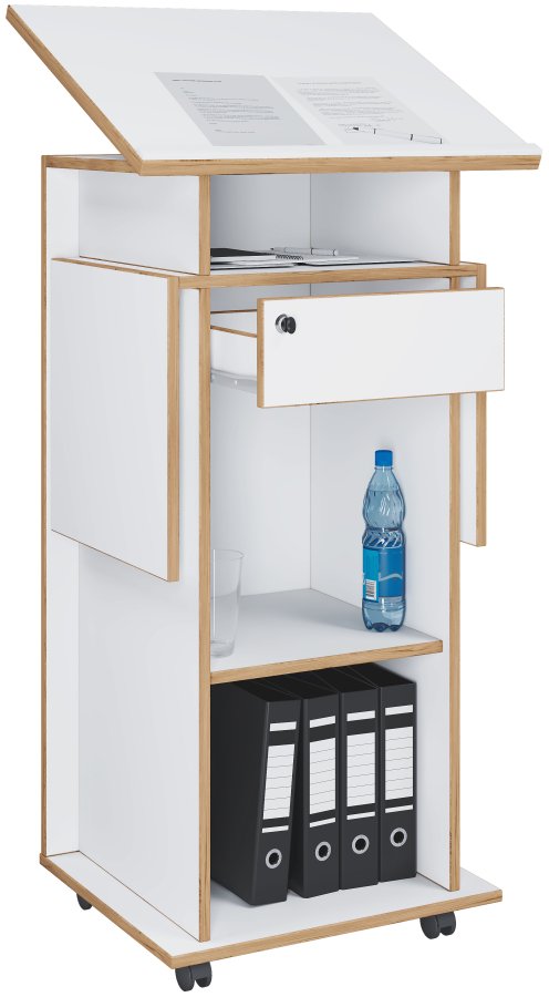 VCM NORDIC Salia M stende skrivebord, justerbar top, 1 lsbar skuffe, hylde, hjul - hvid/natur tr