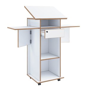 VCM NORDIC Salia M stende skrivebord, justerbar top, 1 lsbar skuffe, hylde, hjul - hvid/natur tr