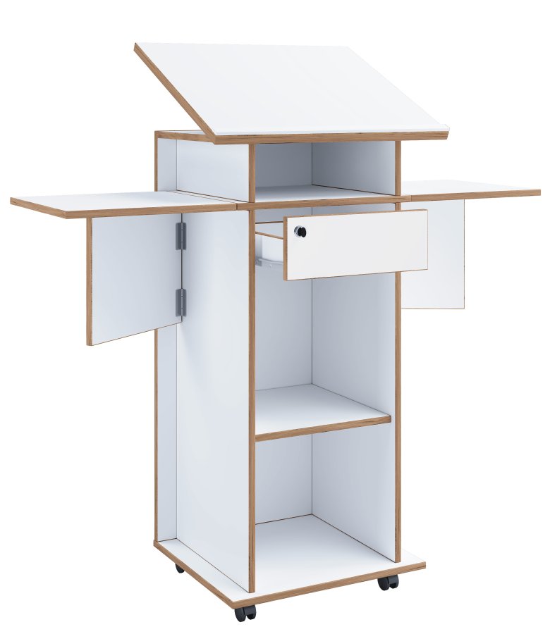 VCM NORDIC Salia M stende skrivebord, justerbar top, 1 lsbar skuffe, hylde, hjul - hvid/natur tr