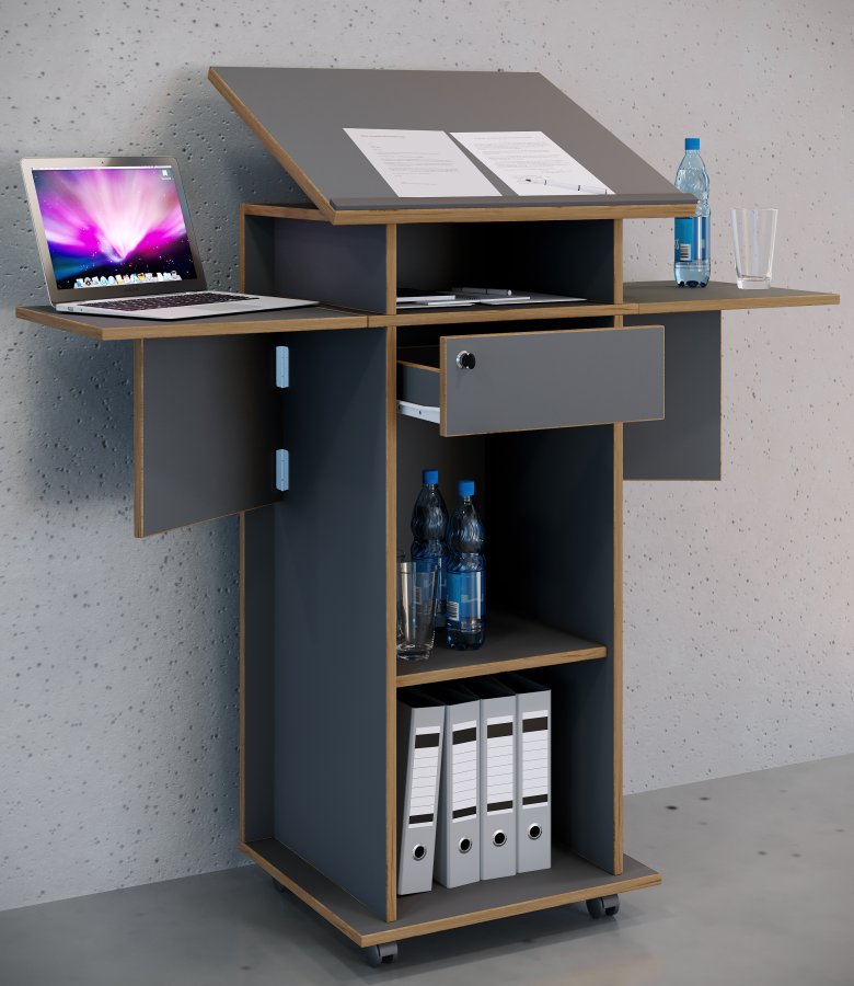 VCM NORDIC Salia M stende skrivebord, justerbar top, 1 lsbar skuffe, hylde, hjul - gr/natur tr