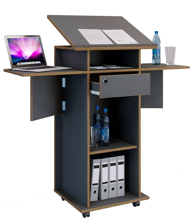 VCM NORDIC Salia M stende skrivebord, justerbar top, 1 lsbar skuffe, hylde, hjul - gr/natur tr