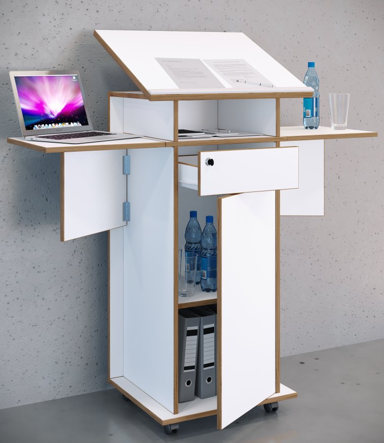 VCM NORDIC Salia L stende skrivebord, justerbar top, 1 lsbar skuffe, lge, hjul - hvid/natur tr