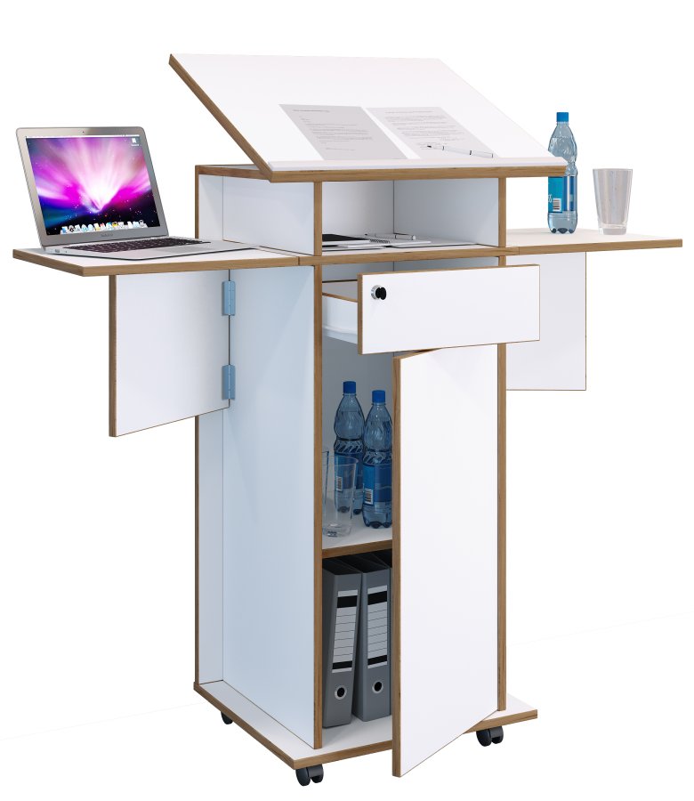 VCM NORDIC Salia L stende skrivebord, justerbar top, 1 lsbar skuffe, lge, hjul - hvid/natur tr