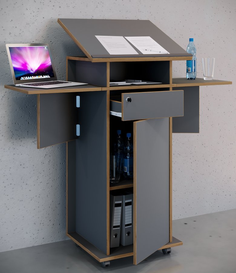 VCM NORDIC Salia L stende skrivebord, justerbar top, 1 lsbar skuffe, lge, hjul - gr/natur tr